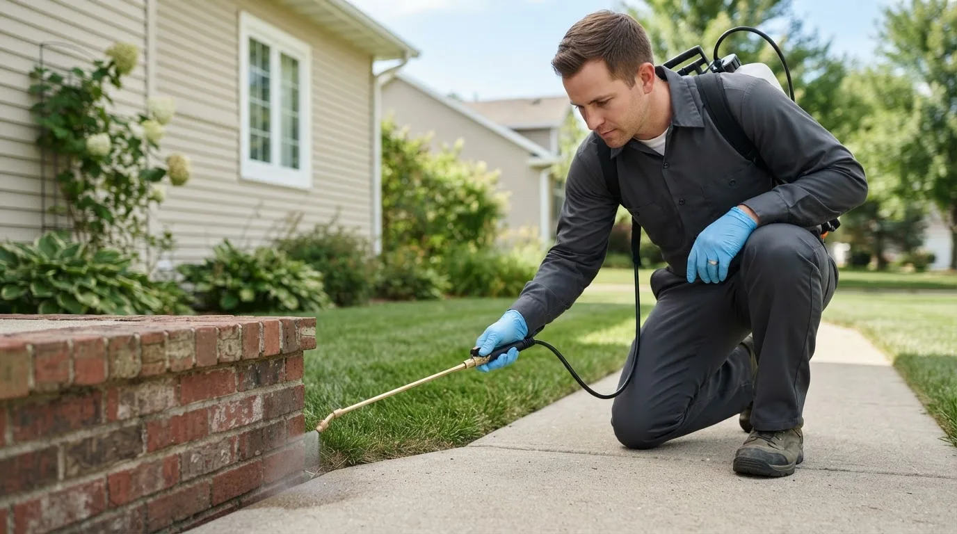 Pest control technician treating a home near Nichols, IA