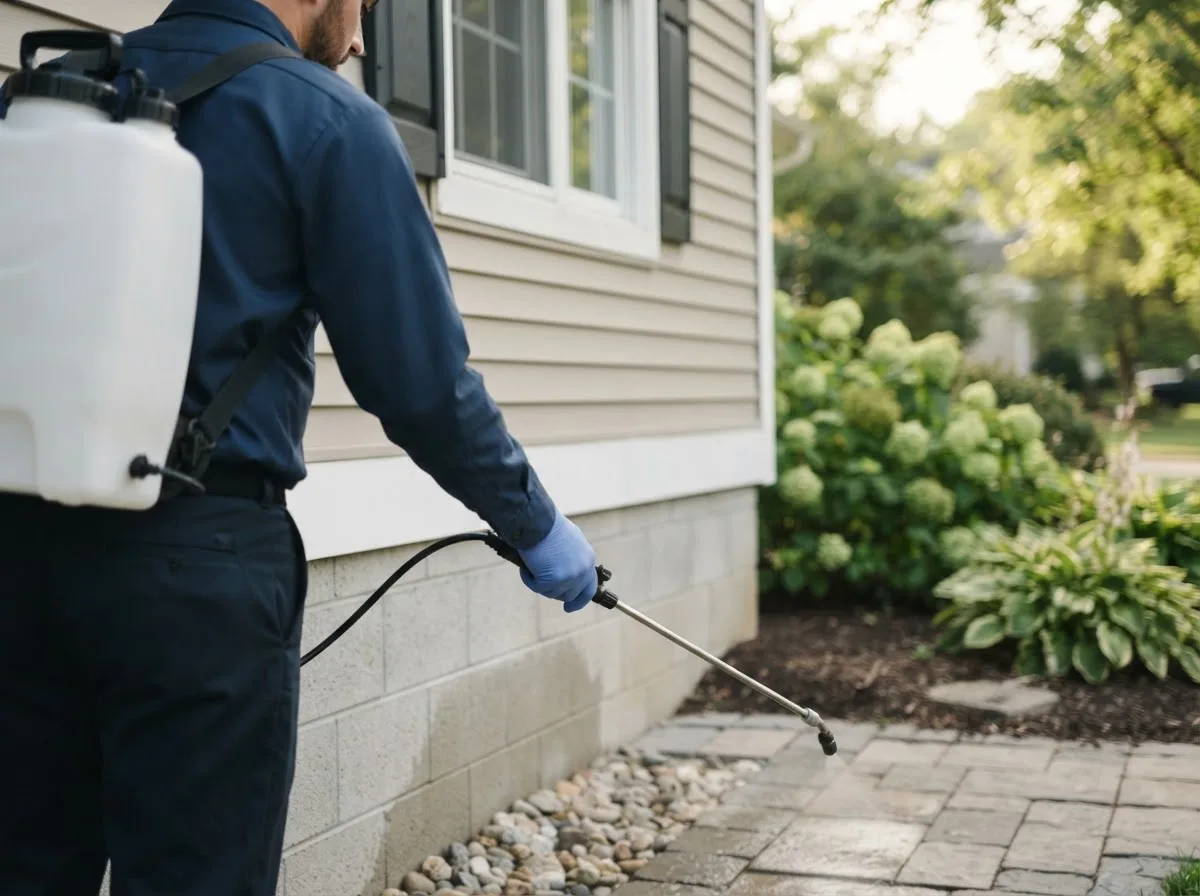 Pest control technician inspecting a home in Nichols, IA
